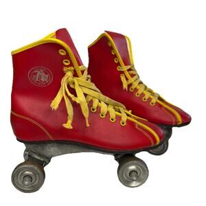 Official Roller Derby Skates Youth Size 3 Red Yellow Steel Wheels Vintage